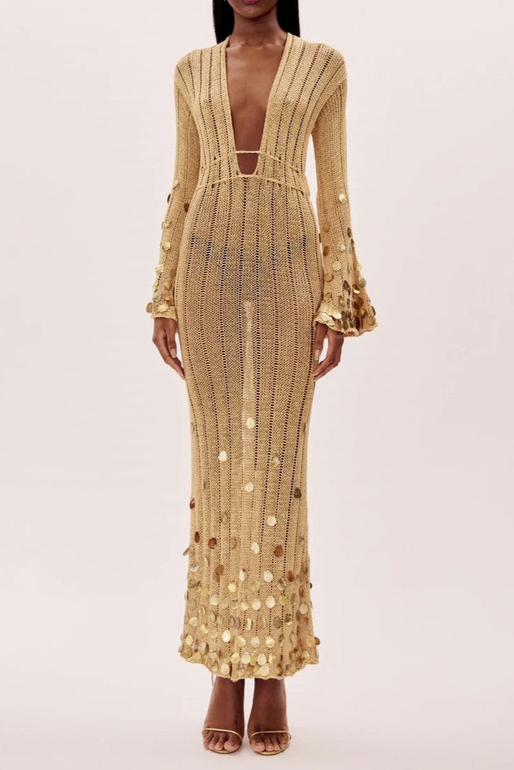 Golden Glamour Knit Maxi Dress