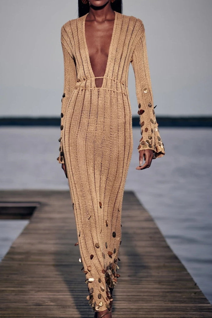 Golden Glamour Knit Maxi Dress