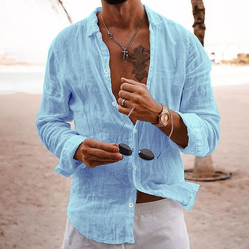 Coastal Comfort Casual Solid Color Lapel Cotton Linen Long-Sleeved Shirt