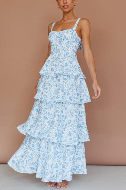 Azure Blossom Tiered Maxi Dress