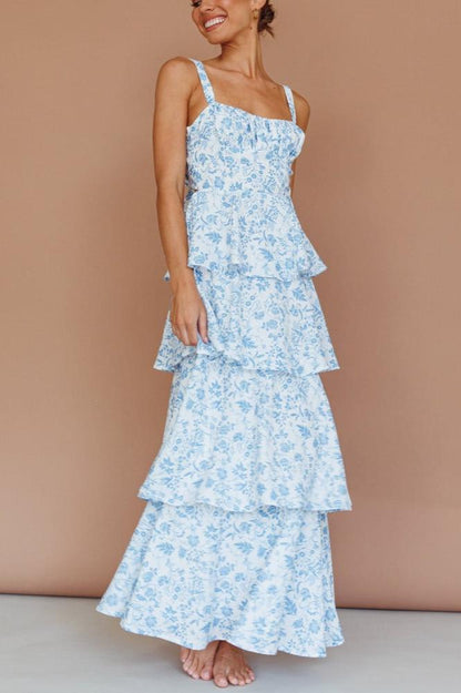 Azure Blossom Tiered Maxi Dress