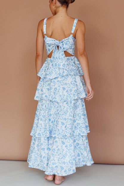 Azure Blossom Tiered Maxi Dress