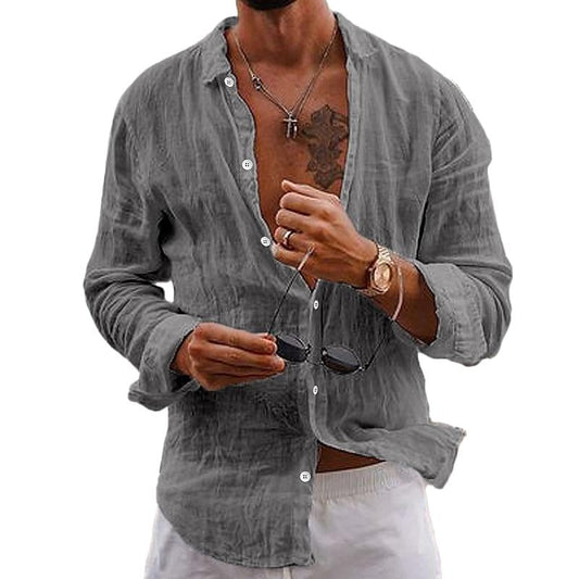 Coastal Comfort Casual Solid Color Lapel Cotton Linen Long-Sleeved Shirt